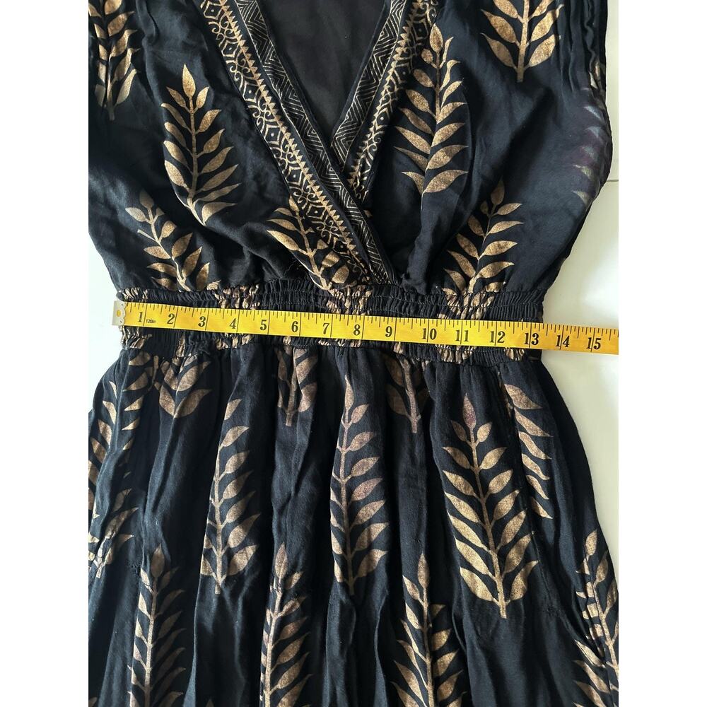 Lapogee Dress Womens M Black Gold Leaf Print Maxi Lined Boho India V Neck Resort - Picture 6 of 10
